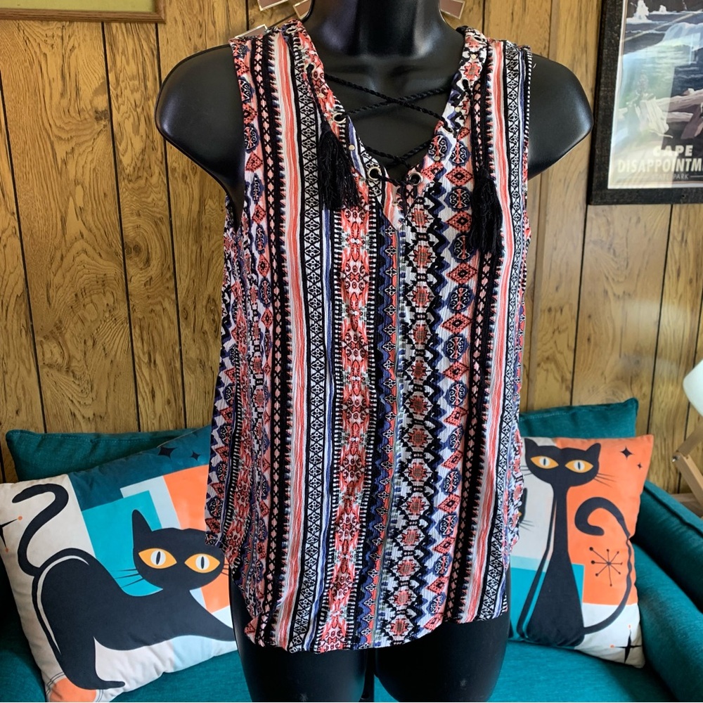 Tribal Aztec Patterned Top with Tassles
